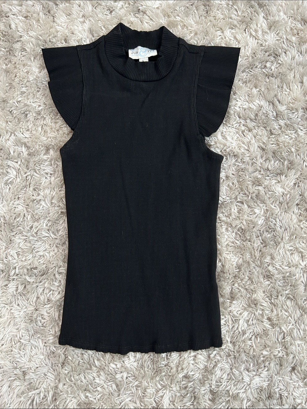 Black Ribbed Mock Neck Tank with Flutter Cap Sleeves